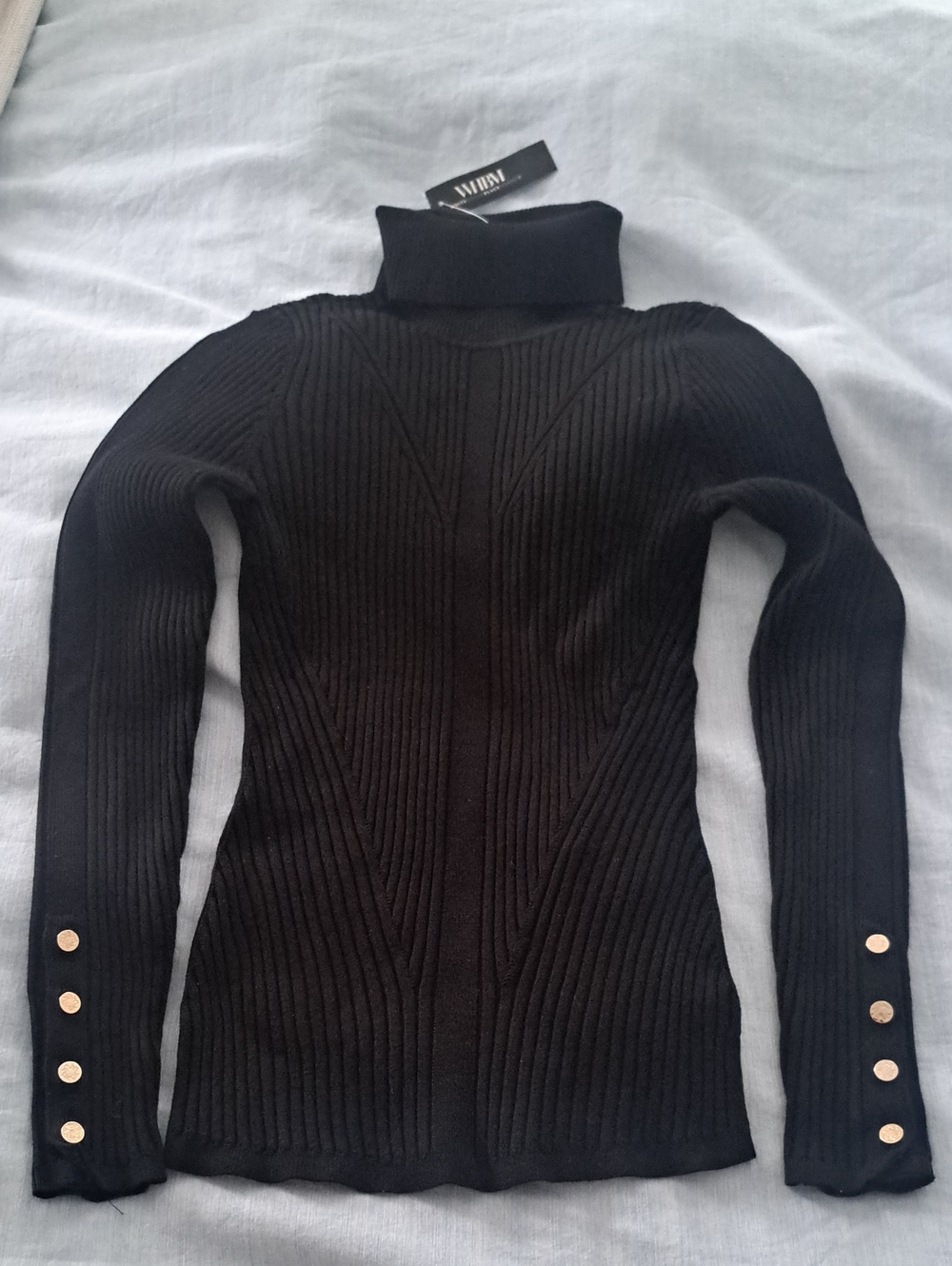 White House Black Market Black Ribbed Turtleneck Sweater with Gold Cuff Buttons